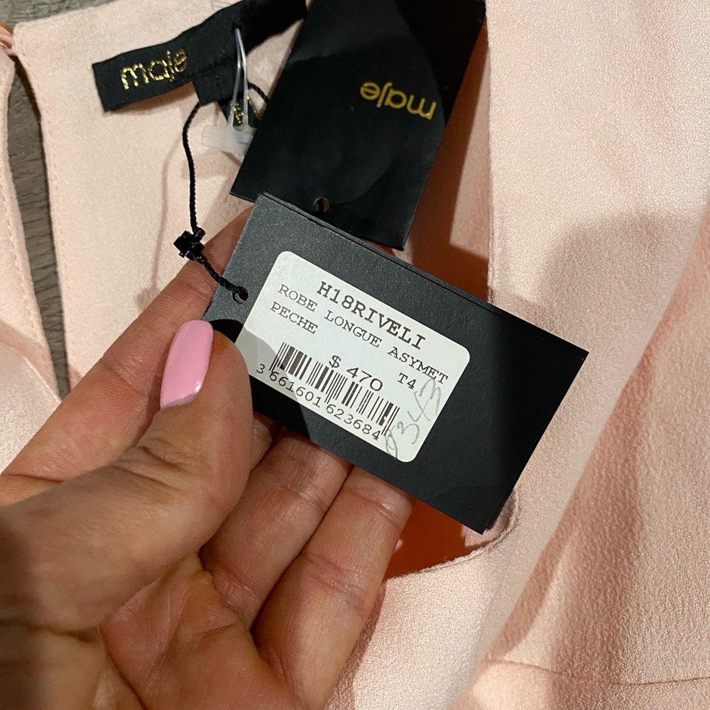 Maje Riveli Cold Shoulder Crepe Midi Elegant Pink Ruffle Dress‎ - Picture 8 of 12
